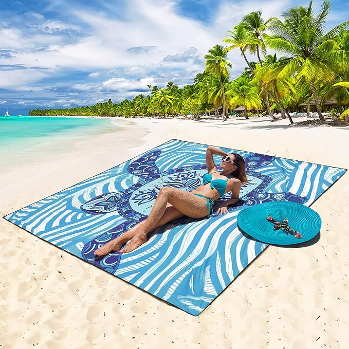 Beach Blanket Sandproof Extra Large Beach Mat Adults Waterproof Quick Drying Sand Free Mat Made by Premium Polyester with 4 Stakes & 4 Corner Pockets for Outdoor Travel Camping Hiking