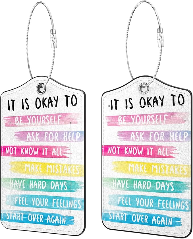 2 Pack PU Leather Luggage Tags for Suitcases, Privacy Protection Cover with Stainless Steel Loop and Address Card, Travel Cruise Essentials (It is Okay to)