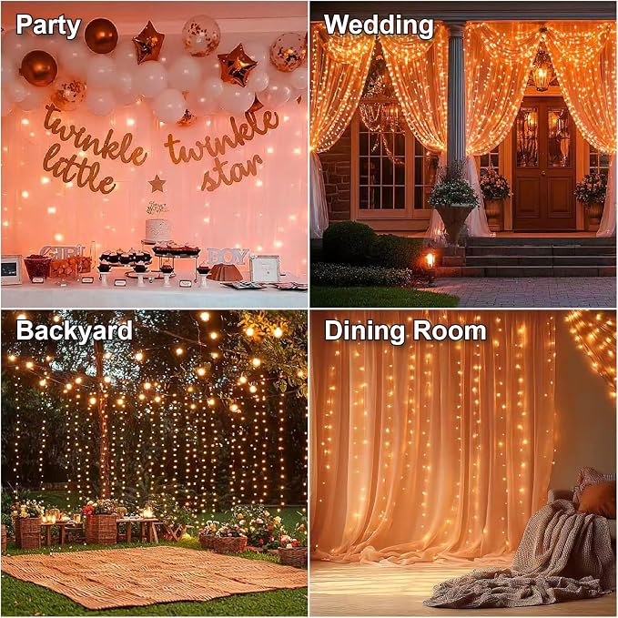 HXWEIYE 300LED Fairy Curtain Lights, 9.8x9.8Ft USB, Remote, 8 Modes & Timer | Dimmable, Christmas String Hanging Lights for Bedroom, Wedding Backdrop and Indoor Wall Decor, Orange