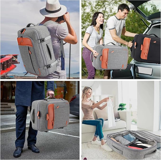 Lumesner Carry on Travel Backpacks, Extra Large 40L Flight Approved Bag for Men & Women,Expandable Suitcase Backpack With 4 Packing Cubes,Water Resistant Luggage Daypack Business Weekender Bag, Grey