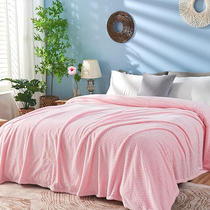 inhand Pink Fleece Twin Blanket, Super Soft Flannel Cozy Blankets for Adults, Lightweight Leaves Pattern Fuzzy Blanket for Couch Sofa Bed Office, Warm Plush Blankets for All Season, 60x90 Inches