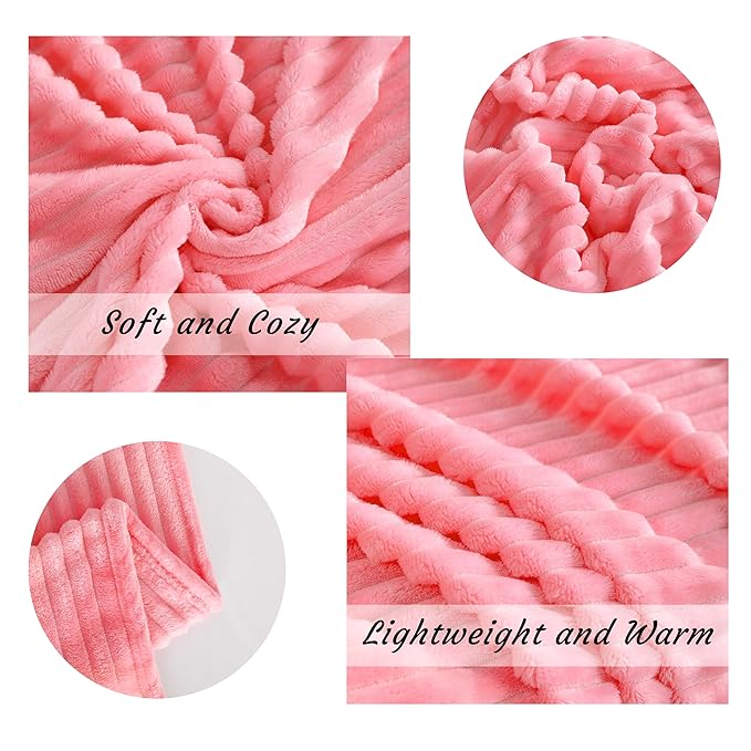 NTBAY Plush Flannel Twin Bed Blanket, 60X80 Inches Soft and Warm Lightweight Blanket with Striped Texture Bed Blanket for Couch Sofa Bed All Seasons, 60"x80", Pink