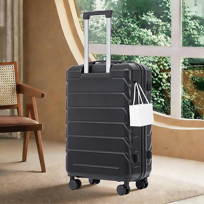 28 Inch Checked-Large Luggage, Lightweight ABS Hard Shell Suitcase with Spinner Wheels, Expandable Travel Luggage with Combination Lock & Side Hooks for Men Women (Black, 28)
