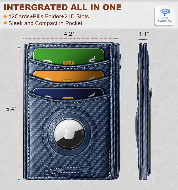 BULLIANT Men Airtag Wallet,Slim Wallet Money Clip Card Holder Magnetic Closure 12 Cards in Front Pocket RFID Blocking