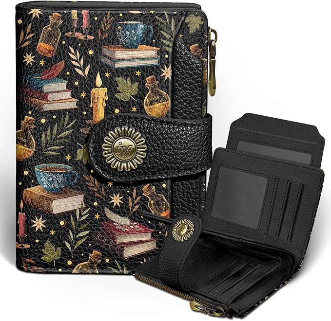 Icycay Book Witchy Wallet Women Small RFID Blocking Bifold, Credit Card Holder, Zipper Coin Pocket, PU Leather, Compact, Travel, 4 ID Window, 14 Card Slots, Cash Purse, Ladies Woman Female Girls