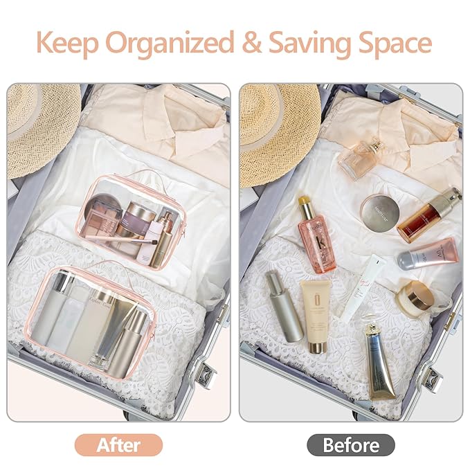 PACKISM Clear Makeup Bag Combo Pack, 1 TSA Approved Medium & Large for Checked Luggage, Clear Toiletry Bag with Handle, Water-resistant Travel Essentials Organizer, Rose Pink