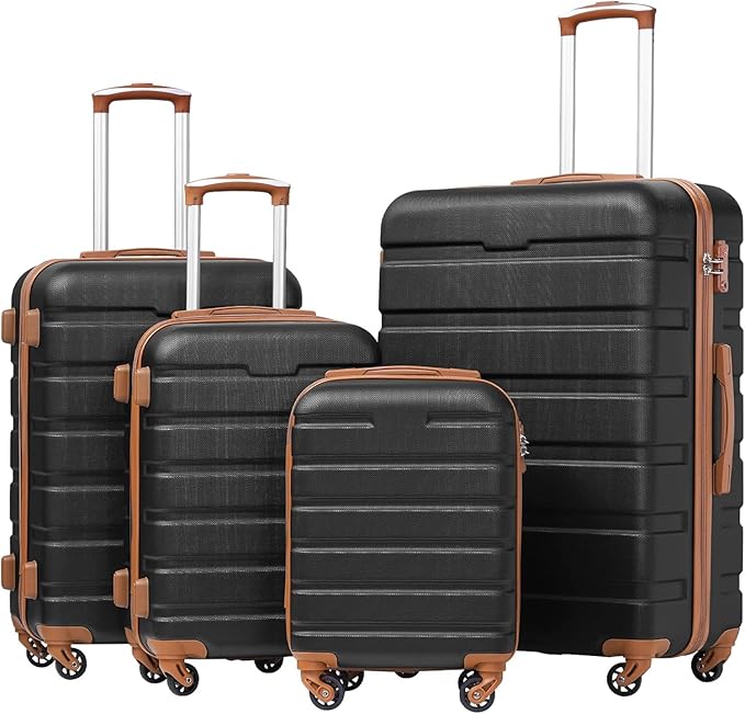 Coolife Luggage 3 Piece Set, Lightweight Durable Hardshell Suitcase set with 360° Spinner Wheels, TSA-approved Lock, Checked Family Travel Luggage sets, 16/20/24/28 Inch, Apricot Black