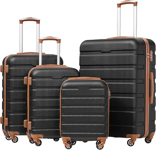 Coolife Luggage 3 Piece Set, Lightweight Durable Hardshell Suitcase set with 360° Spinner Wheels, TSA-approved Lock, Checked Family Travel Luggage sets, 16/20/24/28 Inch, Apricot Black