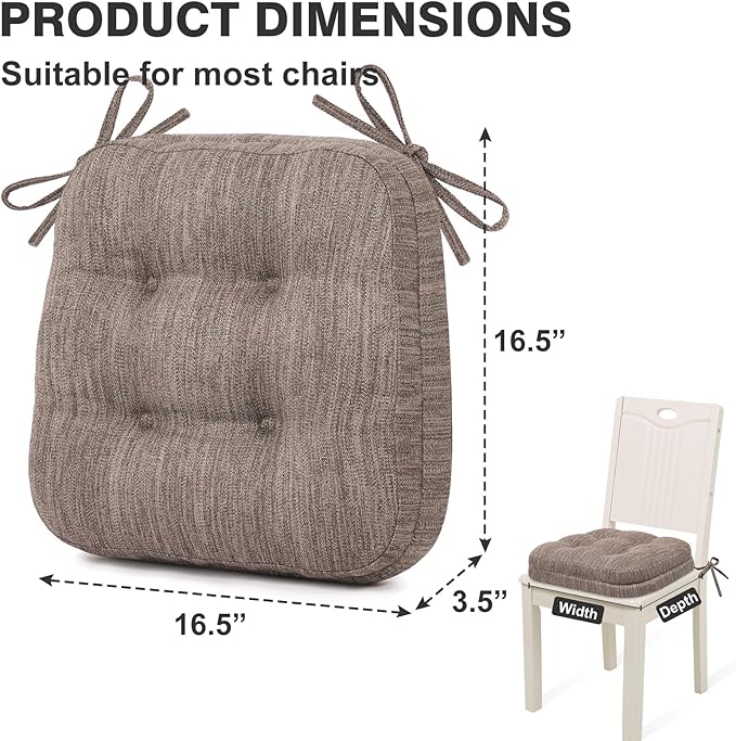 Shinnwa Dining Chair Cushions Set of 6, Dual-Layer Memory Foam Kitchen Chair Cushions, Patented Design Seat Pads with Ties, 16.5 x 16.5 x 3.5in, 6 Pack, Light Brown