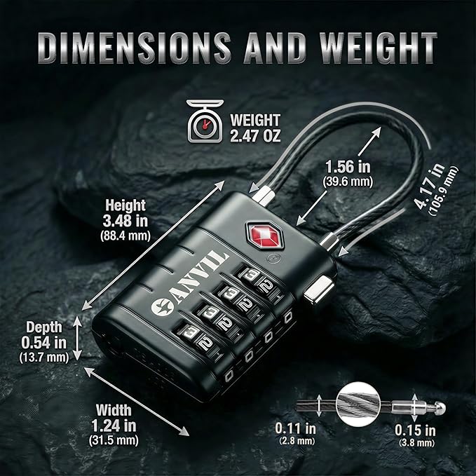 ANVIL 4 Digit Luggage Locks, TSA Locks for Luggage, Advanced TSA008 core, Alert Indicator for Your Travel Lock, Suitcase Lock. (4, Black)