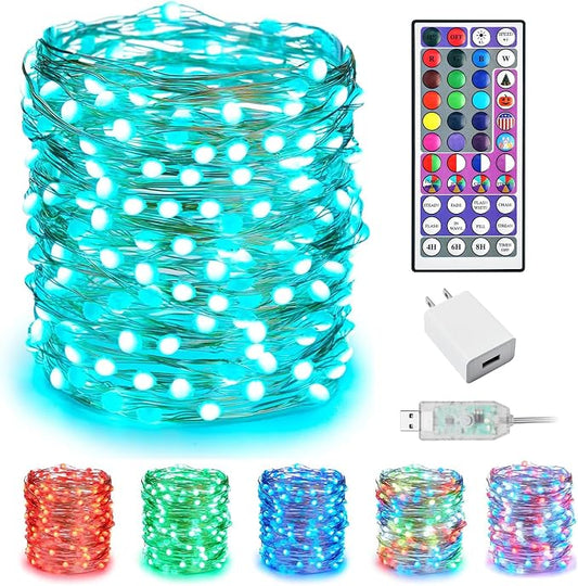 Minetom Upgraded Color Changing Fairy String Lights - 66 ft 200 LED 24 Colors USB Silver Wire Lights with Remote and Timer for DIY Bedroom Party Indoor Christmas Decoration, Adapter Included | 200LED, USB Plug in, Remote and Timer, Great for DIY Bedroo...