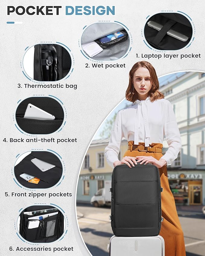 VECAVE Vacuum Travel Backpack with Pump for Women, Personal Item Carry on Backpacks Flight Approved 18x14x8 inches for Men,Laptop Waterproof Work Compression bags Casual Daypack,Black.