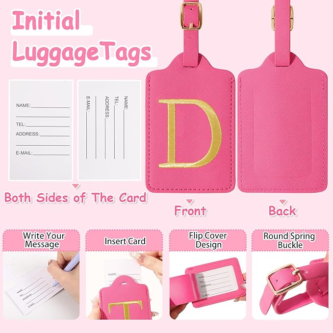 Initial Letter Luggage Tags for Suitcases, Embroidered Monogrammed Suitcase Luggage Identifier Name Tag, PU Leather TSA Approved Luggage Tags, Bag Tags for Men Women Kids Luggage Handbags(Rosered D)