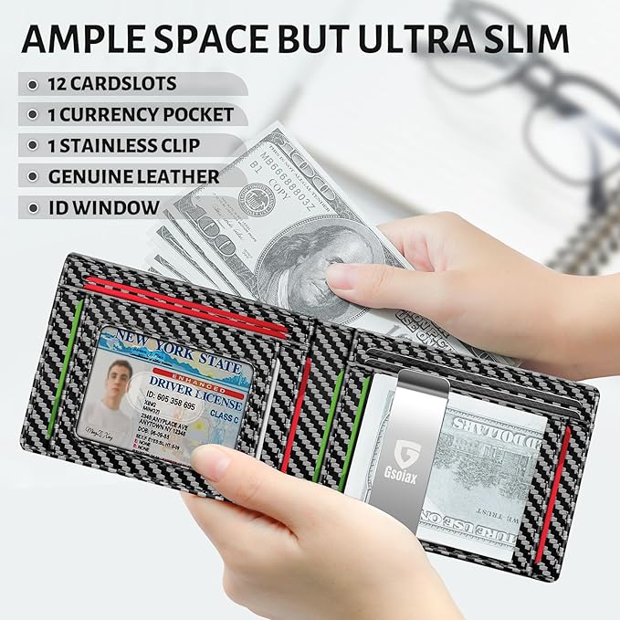 GSOIAX Slim Wallet for Men Rfid Blocking Leather Bifold Front Pocket Carbon Fiber Credit Card Holder Novelty Wallets With Gift Box (Carbon-money clip)