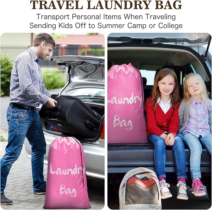 2 Pack XL Travel Laundry Bags for Dirty Clothes - Extra Large Heavy Duty Drawstring Laundry Bag Holds 4 Loads - Cruise Ship, Camping, Road Trip, Vacation Essentials Must Haves 2025(Pink + Pink)