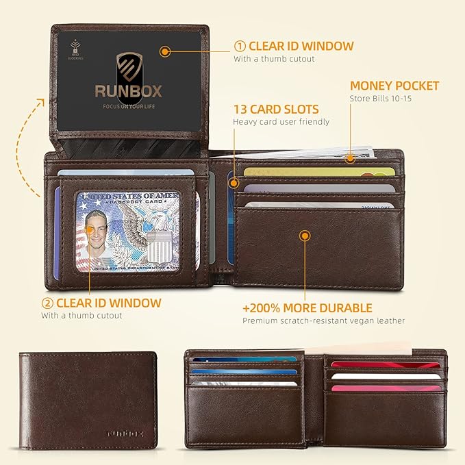 RUNBOX Wallet for Men Slim Rfid Leather 2 ID Window With Gift Box | Slim, Rfid, 2 ID Window, With Gift Box, Slim, Rfid