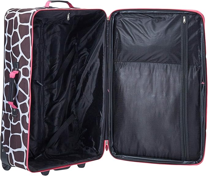 Rockland Fashion Softside Upright Luggage Set, Telescoping Handles, Pink Giraffe, 4-Piece (14/19/24/28)