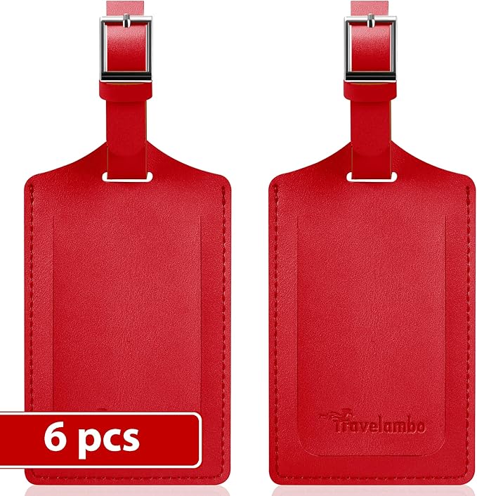 Travelambo Luggage Tags for Suitcases Faux Leather Privacy Protection 6 Pack Bag Tags Travel Accessories Essential, Deep Red