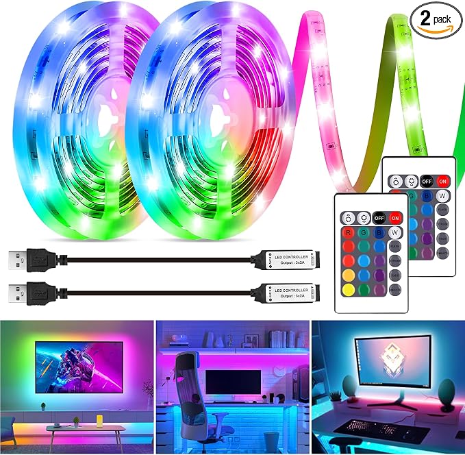USB RGB LED Strip Lights Kit 2-Packs 6.56Ft IP65 Waterproof with Remote | Color Changing Strip Light for 40-60in TV LED Backlight, USB Powered LED Bias Lighting for Bedroom Home PC Monitor Desk Shelf