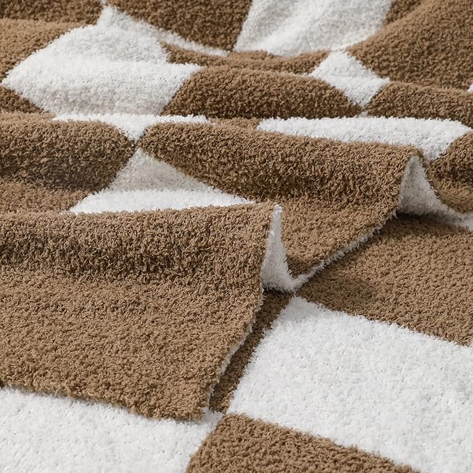 bearberry Fuzzy Checkerboard Grid Throw Blanket Soft Cozy Warm Microfiber All Season Blanket Decor for Couch Sofa Bed Travel Home (Mocha, 50''x60'')