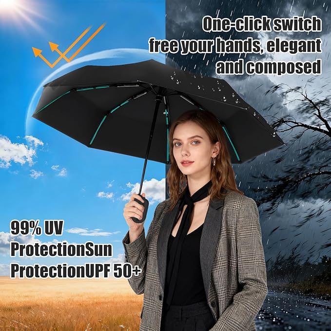 Compact Automatic Folding Travel Umbrella-Windproof Rainproof, PF50+ Sun Protection for Hiking,Outdoor,Chool,Golf Course & Daily Use,Sturdy Multi-Ribbed Frame