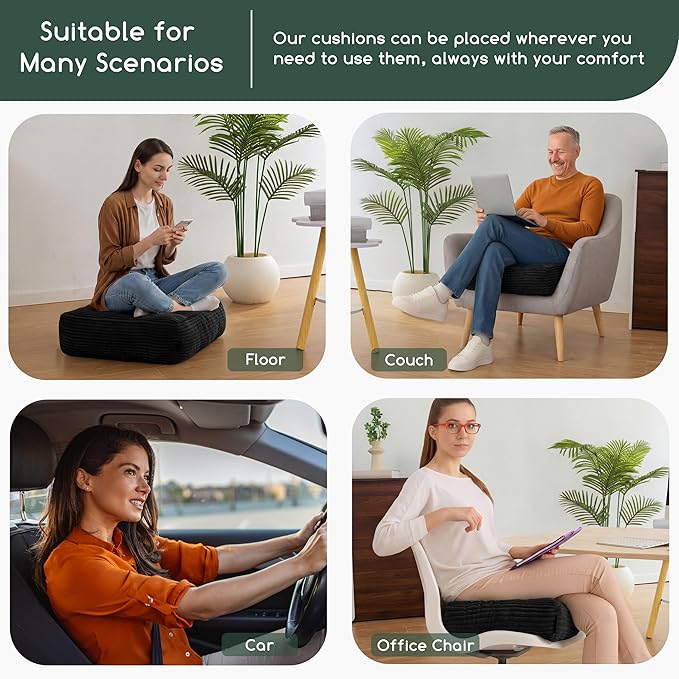 HIGOGOGO Tufted Corduroy Recliner Seat Cushion for Elderly, 20x20x6 Inch Extra Large Square Seat Cushion for Recliner Chair, Floor Pillow, Office Chair, Car, No Pressure on Thighs, Black