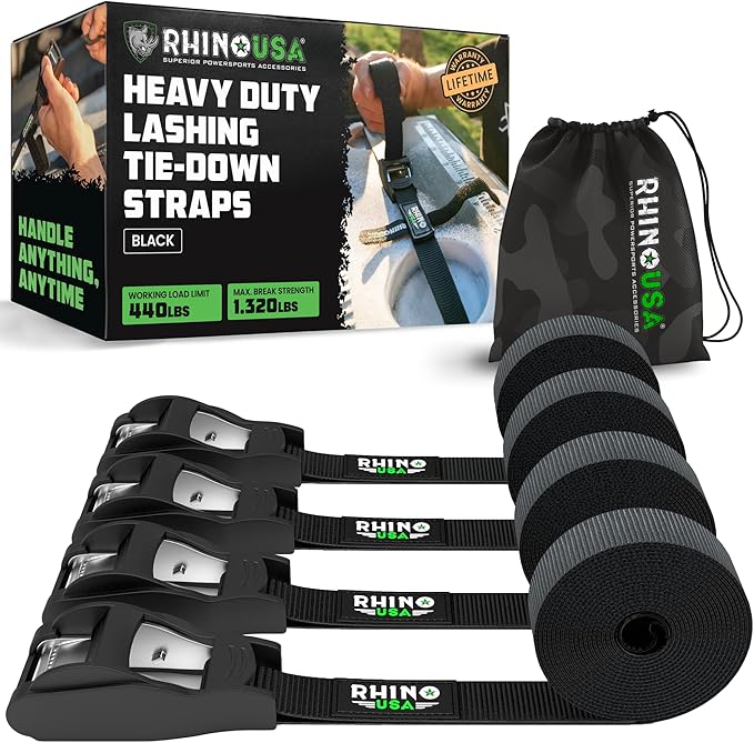 Rhino USA Lashing Straps Cargo Tie Downs (4PK) - 1,320lb lab Inspected Max Break Strength, Includes (4) Heavy Duty 1in x 12ft Cam Buckle Pull Straps. Best for Kayak, Cooler, Cargo