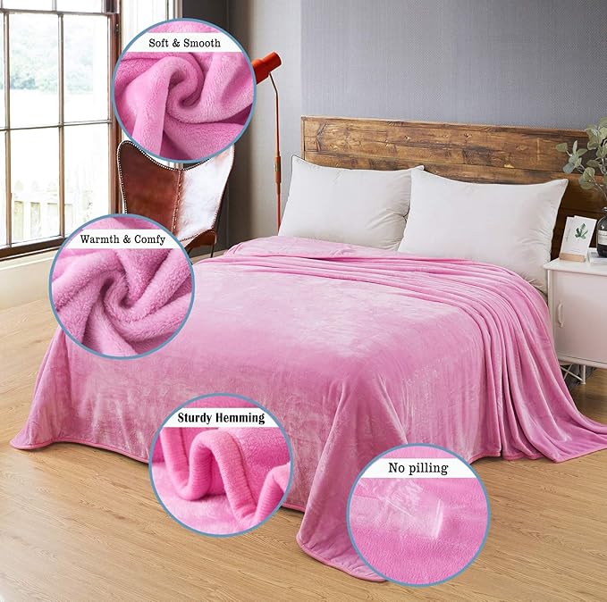 Flannel Fleece King Size Summer Blanket All Season 350GSM Lightweight Throw for The Bed Extra Soft Brush Fabric Winter Warm Sofa Blanket 90" x 108"(Pink King)