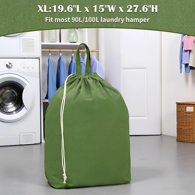 Canvas Laundry Bags with Handles & Rectangular Base, 20"Lx15"Wx27.6"H Extra Large Heavy Duty Laundry Basket Hamper Liner Replacement, Washable Cotton Drawstring Dirty Clothes Bag (Army Green)
