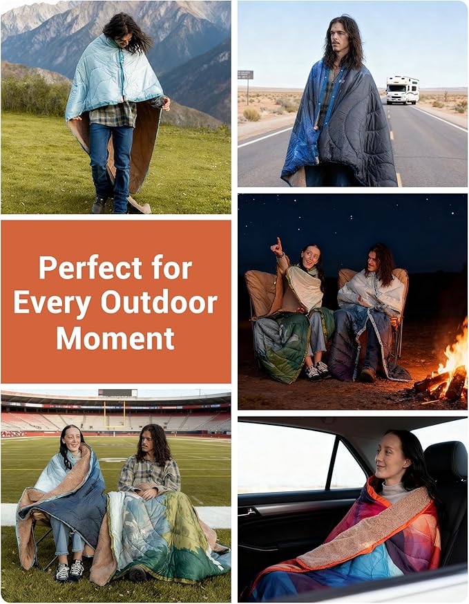 KingCamp Large Camping Blanket with Sherpa Lining, Packable Down Alternative Puffy Printed Wearable Blanket with Snap Buttons, Warm Weatherproof Quilt for Outdoor Travel (79" L x 57" W, Peak)