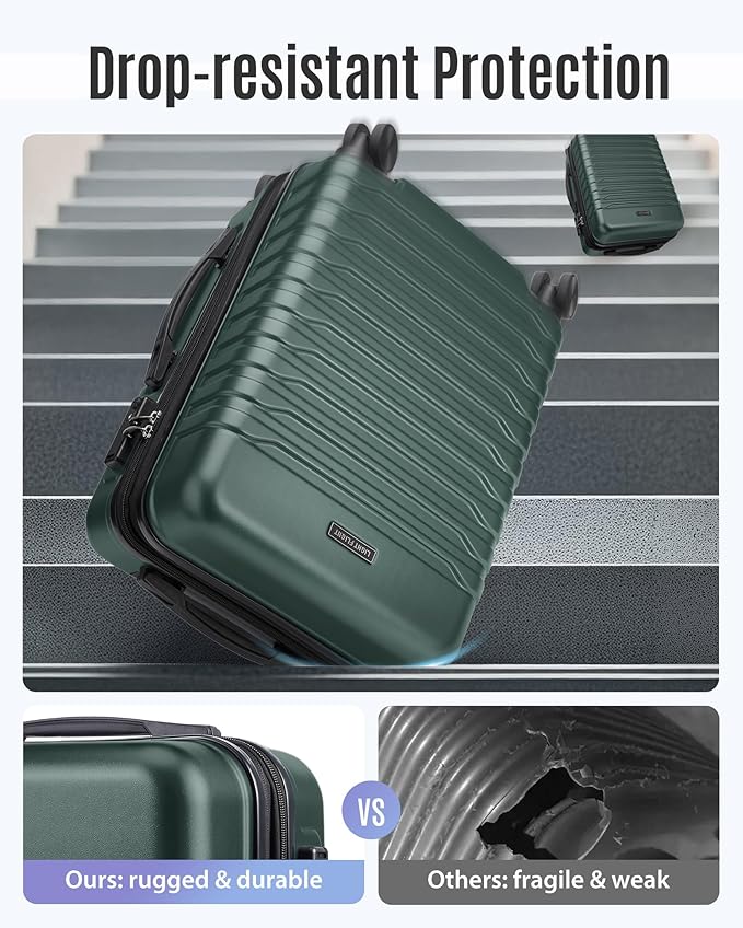 LIGHT FLIGHT Expandable Carry On Luggage 22x14x9 Airline Approved with Double Spinner Wheels, 20 Inch Lightweight Hard Shell Rolling Suitcases with TSA Lock, Pine Green