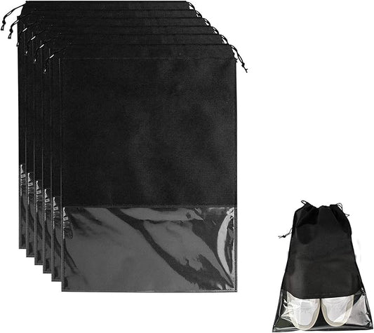 6 Pcs Travel Shoe Bags, ULIFEMALL Large Non-Woven Drawstring Shoes Storage Bag with Transparent Slot Clear Window Portable Waterproof Dustproof Shoes Pouch Packing Organizer for Men Women, Black