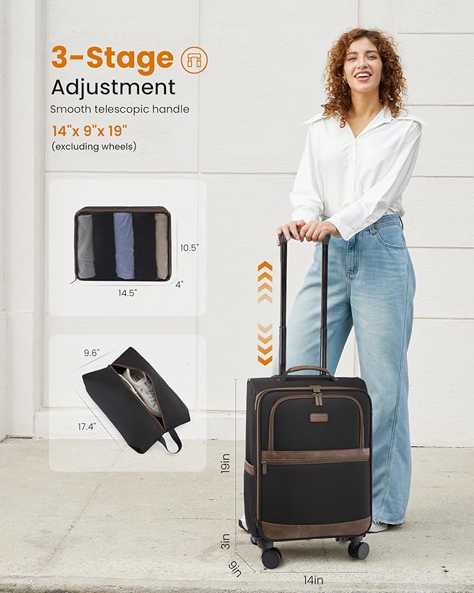 LOVEVOOK Carry On Luggage 22x14x9 Airline Approved,20 Inch Suitcases with Spinner Wheels,Softside Carry-on Suitcase with TSA Lock for Men Women Business Trip Weekender Travel,Black&brown