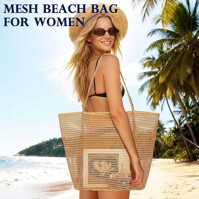 Fammart Mesh Beach Bag, Large Beach Tote with Zipper Pocket, Toys Pool Bag for Family Travel Vacation Cruise Essentials