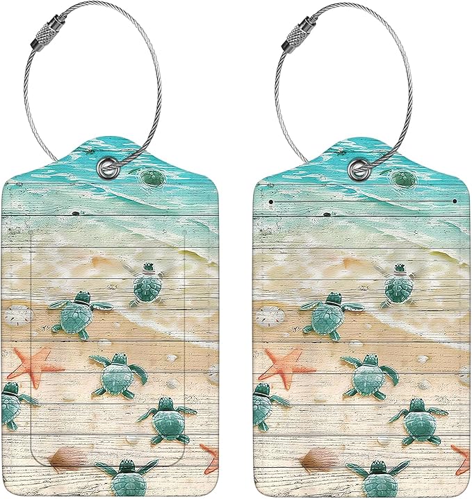 2 Pcs Luggage Tags for Suitcase, Cute Unique PU Leather Travel Bag Tag with Privacy Cover ID Label Address Card and Durable Metal Ring Suitable for Men Women Children Backpack,Turtle and Starfish