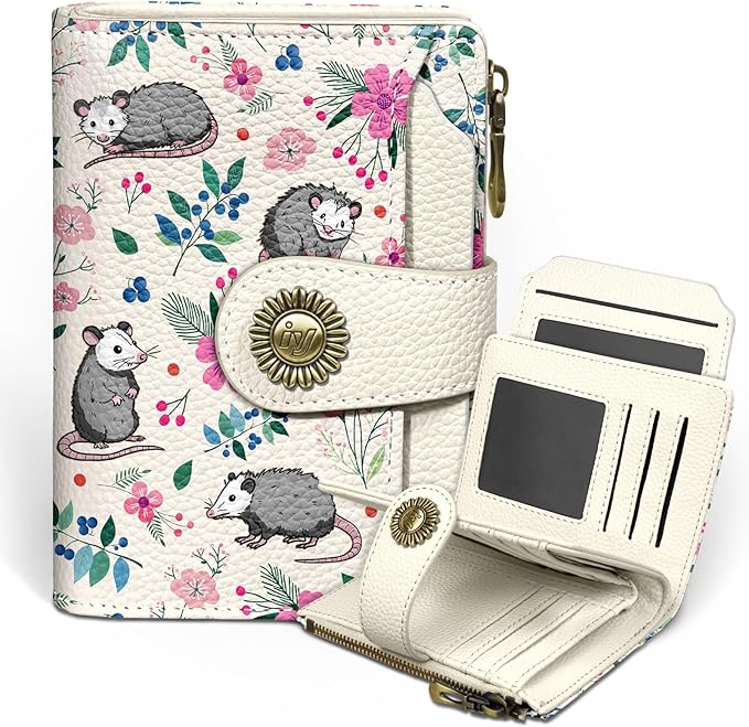 Icycay Possum Wallet Women Small RFID Blocking Bifold, Credit Card Holder, Zipper Coin Pocket, Funny Opossum, Cute, PU Leather, Compact, Travel, 14 Card Slots, Cash Purse, Ladies Woman Female Girls