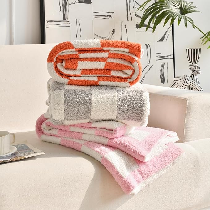 Checkered Blanket, Cozy Soft Throw Blankets for Couch Bed, Fluffy Plaid Lightweight Comfy Travel Picnic Blanket Gifts for Sofa Chair Living Room Camping (Orange, Throw 50"x60")