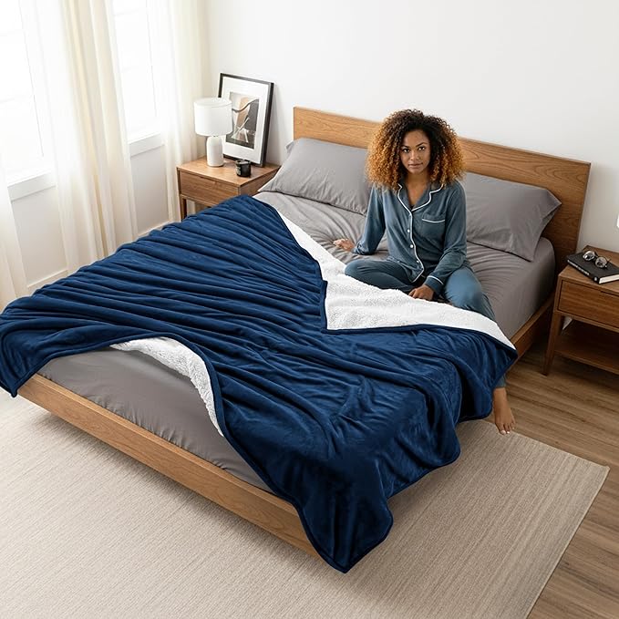 Utopia Bedding Sherpa Blanket Queen Size (Navy, 90x90 Inches) - Soft Lightweight Plush Fleece Reversible Blanket for Bed, Sofa, Couch, Camping and Travel