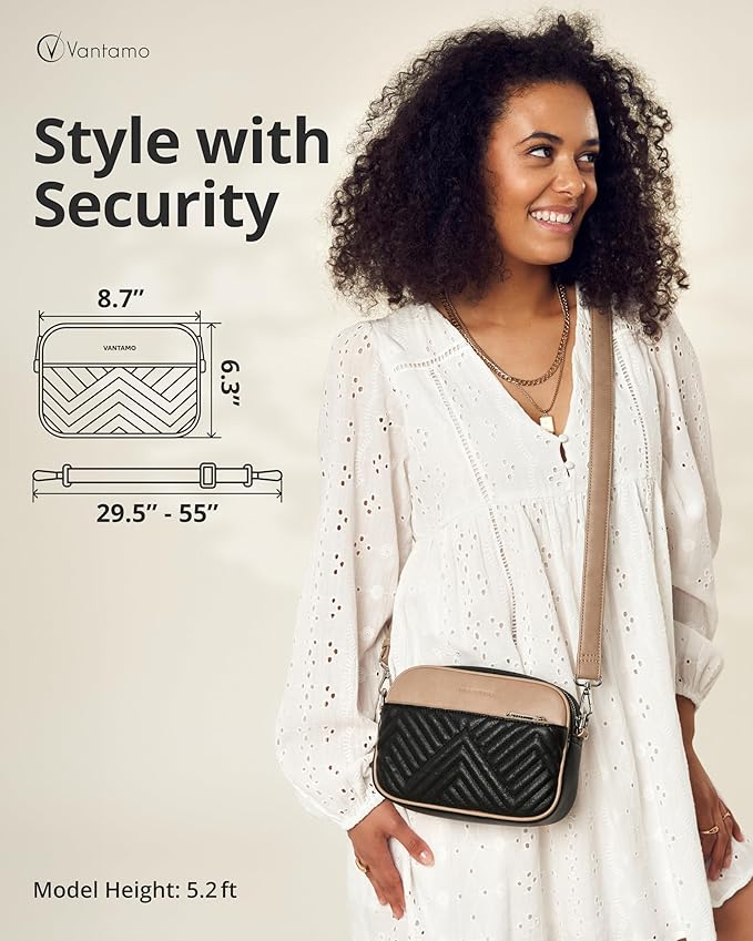 Vantamo Premium Quilted Crossbody Bags for Women with Anti-Pickpocket Clip, Vegan Leather Handbags, Travel Purses for Women