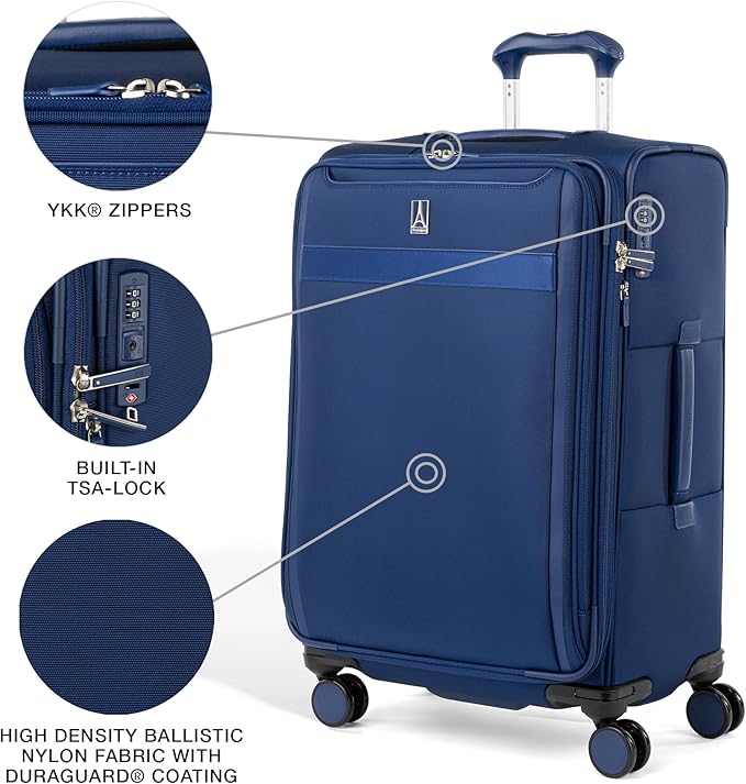 Travelpro VersaPack+ Lightweight Softside Expandable Checked Luggage, 8 Spinner Suitcase, TSA Lock, Men and Women, Checked Medium 25-Inch, Estate Blue