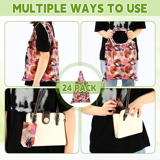 Paterr 24 Pcs Foldable Reusable Shopping Bag Recycle Travel Grocery Bag Fold to Pocket Tote Bulk for Daily Supplies Load