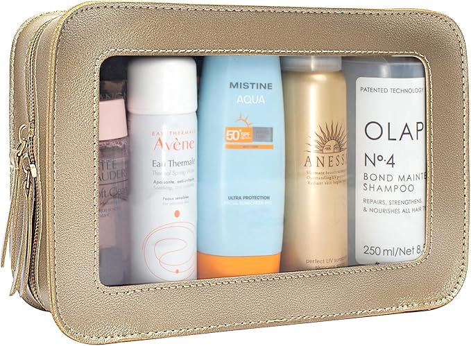 LETGO Clear Makeup Bags, TSA Approved Toiletry Bag with Zipper, Small Makeup Organizer Fit Carry-on Travel Essentials,Portable Travel Clear Cosmetic Bags Pouch for Women Men (Golden)