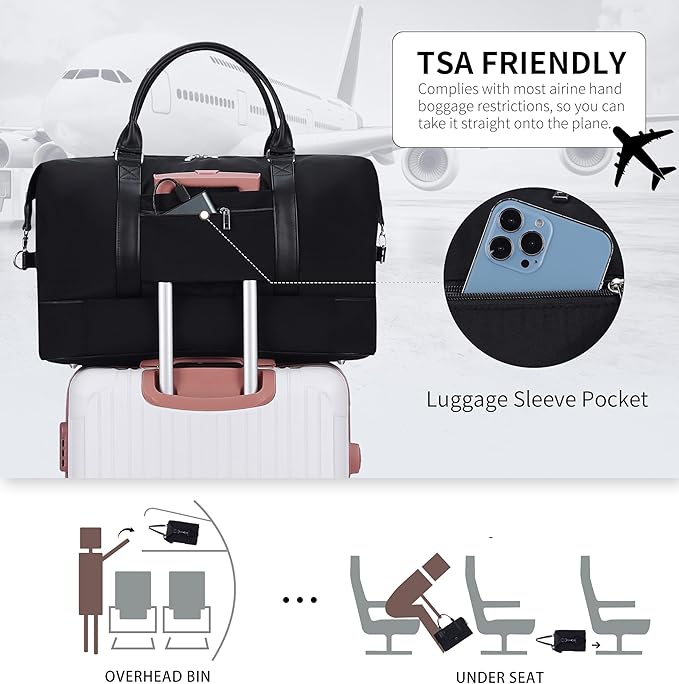 Oeihuivt Weekender Bags for Women - 21 Inch Large Travel Duffel Bag 2-Piece Set with Shoe Compartment, Heavy-Duty Canvas Leather Carry On Overnight Tote