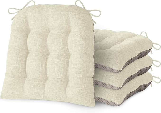 Chair Cushions for Dining Chairs Set of 4 Durable D-Shaped Seat Cushions with Non-Slip Backing Secure Ties Thick Cozy Seat Pad for Kitchen Dining Room Office(18x16.5x3in Beige)