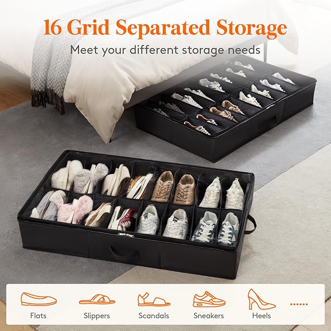 Lifewit Under Bed Shoe Storage Organizer 4 Pack(16 Pairs), 4.3" Tall Fabric Shoes Container Box, Foldable Closet Shoe Bag with 2 Reinforced Handles and Clear Cover, Black