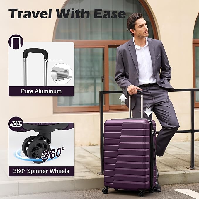 Coolife Expandable Large Checked Luggage with Spinner Wheels, Hard Shell Suitcase TSA Lock Rolling Travel Luggage 28-inch,Purple