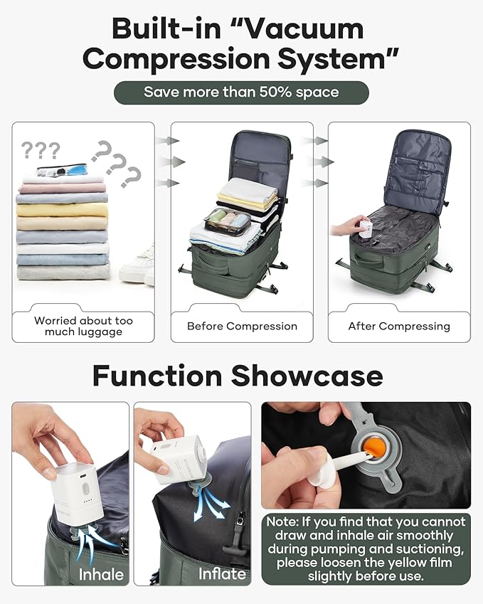 VECAVE Vacuum Backpack Travel with Pump, Expandable Personal Item Carry on Backpacks for Women Men, Laptop Waterproof Work Compression bags with USB Casual Daypack Green