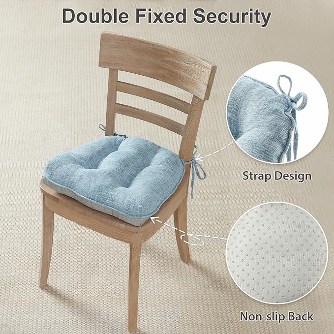Quilmfoam 16.5"x15.5" Kitchen Chair Cushions Set of 4 for Dining Chair, Soft Tufted Non-Slip Memory Foam Seat Cushion with Ties for Indoor Kitchen Dining Furniture, Light Blue
