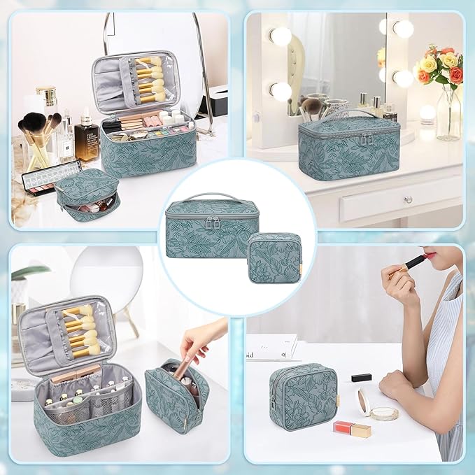 OCHEAL Makeup Bag Set, Portable Travel Makeup Bags Cosmetic Organizer Bag for Women Cute Floral Cosmetic Pouch Large Capacity Make up Bag PU Leather Toiletry Bags with Divider and Handle-Blue