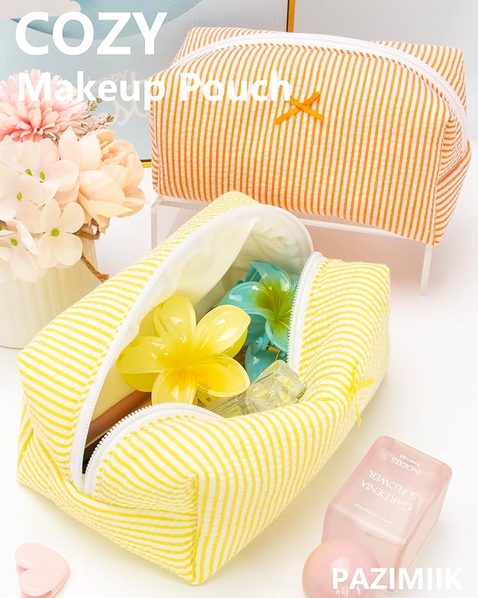 PAZIMIIK 2PCS Cozy Makeup Bag Small Aesthetic Travel Zipper Cosmetic Pouch for Women Make Up Beauty Accessories Brushes, Stripe Yellow